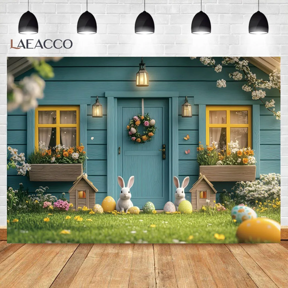 Bunny Easter Backdrops Spring Easter Eggs Garden Flower Blue Cabin Kids Birthday Party Portrait Decor Photography Background