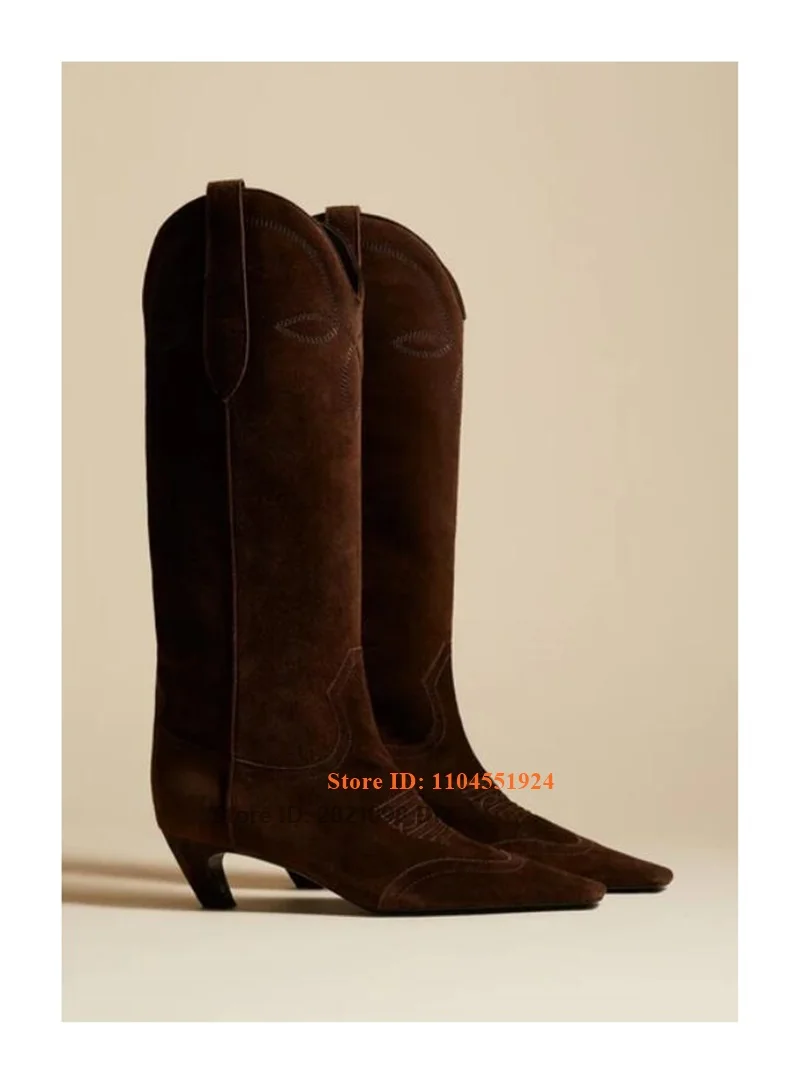 

5Cm Kitten Heel Suede Embroidery Knee High Long Boots Women Square Toe Fitted Silhouette Slip On Style Comfortable Boot
