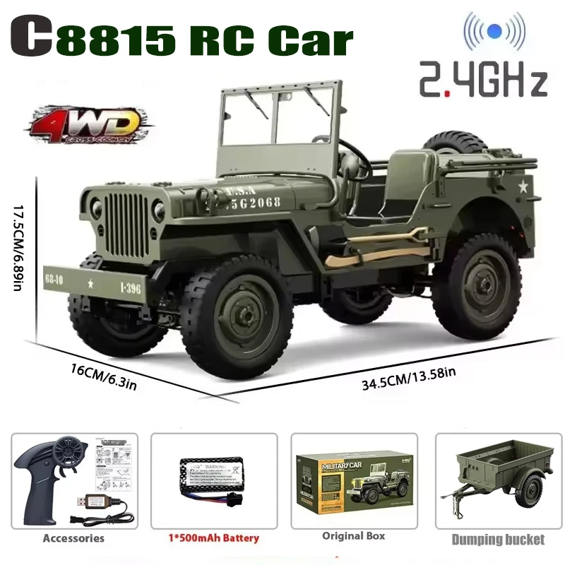 C8815 1/10 윌리스 RC카 1941 지프 윌리스 2.4g 4WD RTR 크롤러 등반 스케일 군용 트럭 오프로드 차량 성인용 장난감 선물용