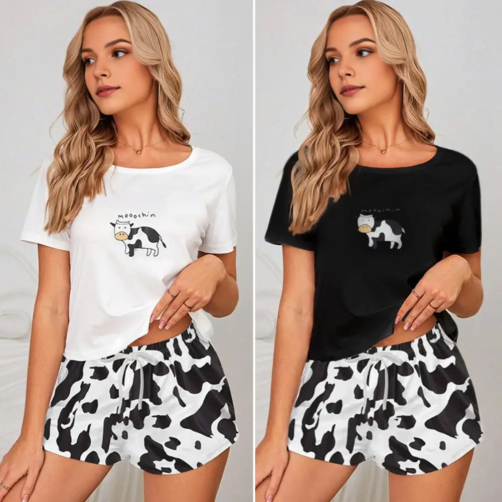 Women Two-piece Pajamas Women's Cartoon Cow Print Pajama Set with Short Sleeve T-shirt Elastic Waist Shorts Summer for Ladies