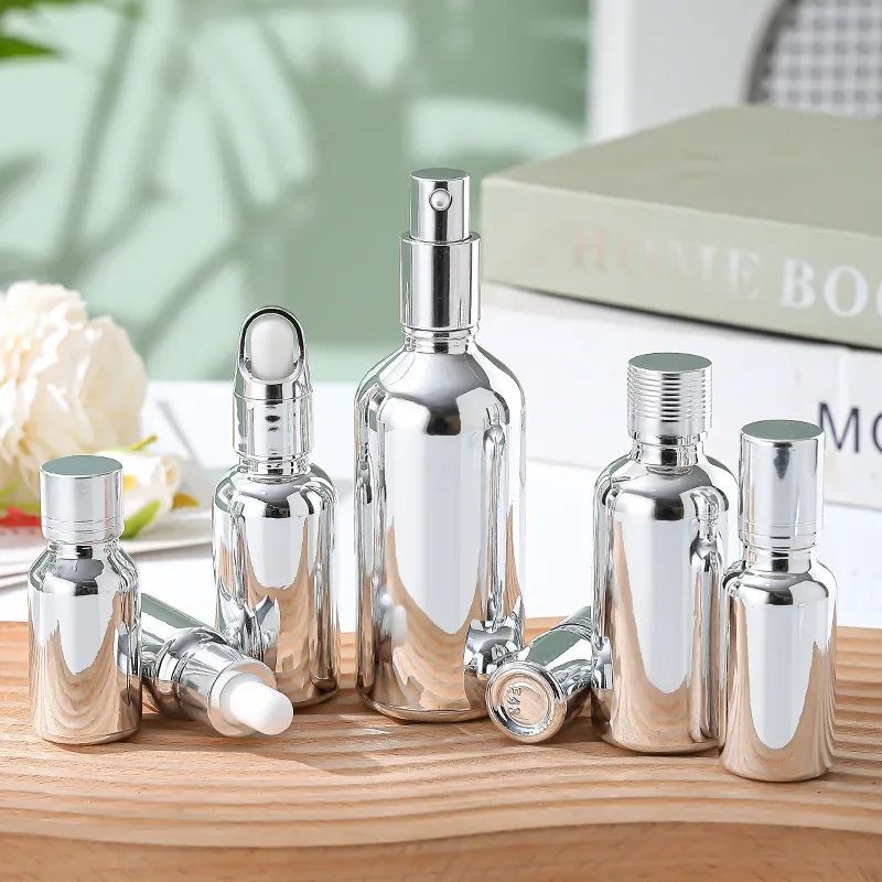 

Silver Glass Essential Oil Dropper Bottle Glue Head Press Separation Spray Atomizer Vial Empty Electroplated Lotion Subpackage