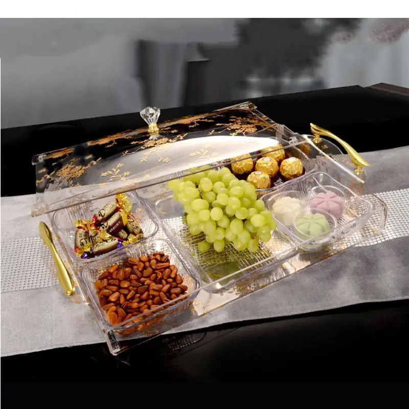 Transparent Acrylic Dried Fruit Snack Plate Rectangular 6 Squares Compartment Platter Living Room Candy Tray with Cover