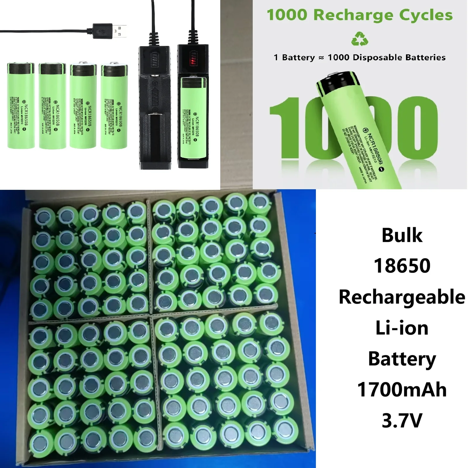 Bulk 18650 Rechargeable Li-ion Battery 1700mAh 3.7V High-Drain 1000+ Cycles Flashlights Emergency Lights Outdoor Torches 4-14pcs