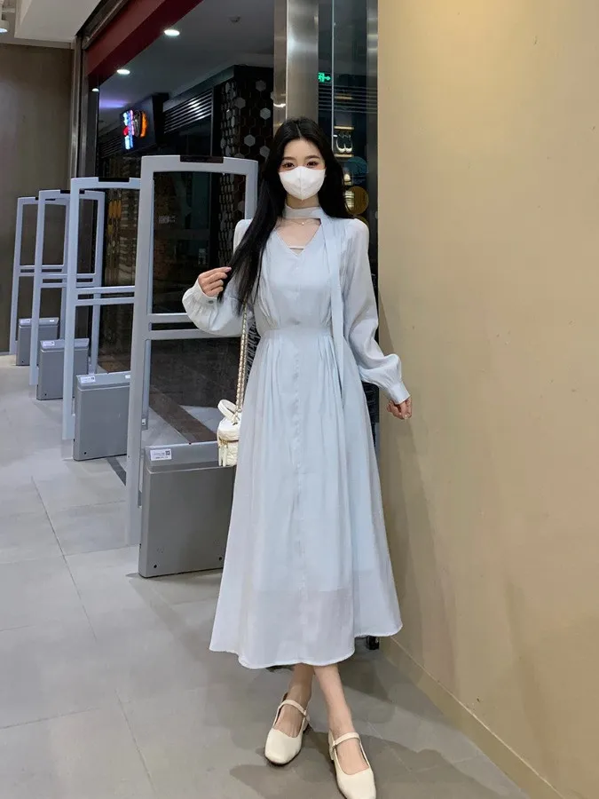 

plus Size Women's Blue V-Ne A-Line Dr Slimming Waist Spring New Sle Comfortable Faion Korean Sle Long Dr