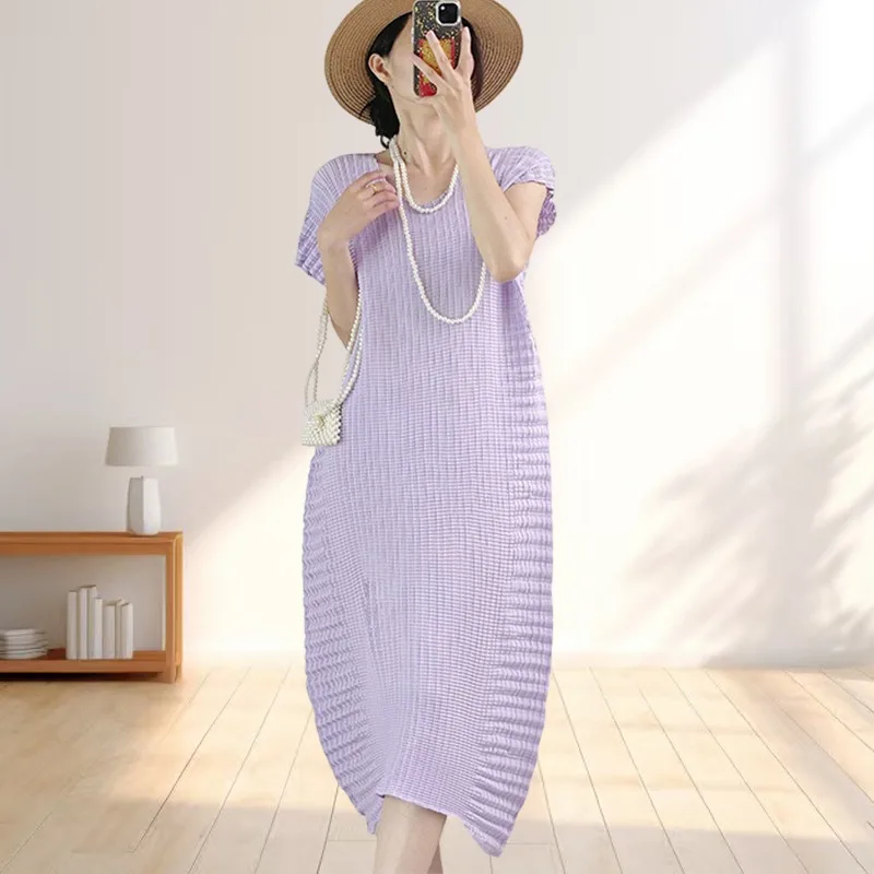 Pleated Summer Loose Short Sleeve Midi Dress Casual Stretch Simple Elegant Women's Breathable Stretchy Lightweigh