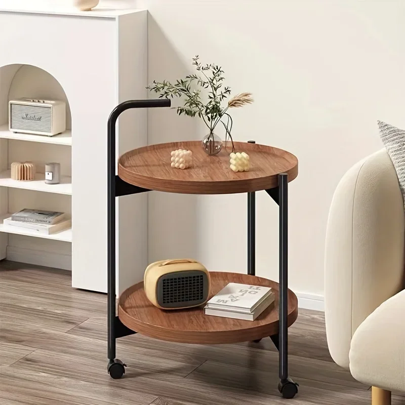 Bedside Wood Table Small Coffee Versatile Double Layer Wheels Space Saving 2-Tier Nightstand Storage Organizer Living Bedroom