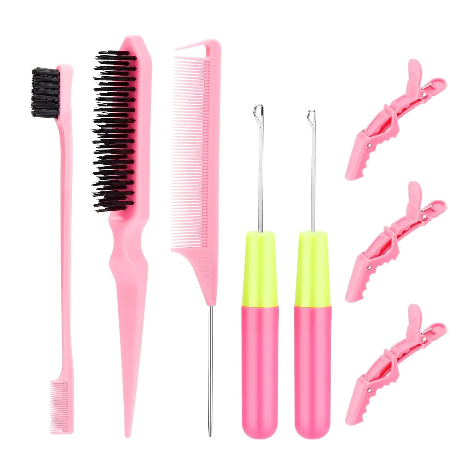 Hair Crochet Hooks Set - 2 Crochet Needles, Edge Brush, Bristle Brush, Rat Tail Comb, 3 Gator Clips for Twist Hair Extensions