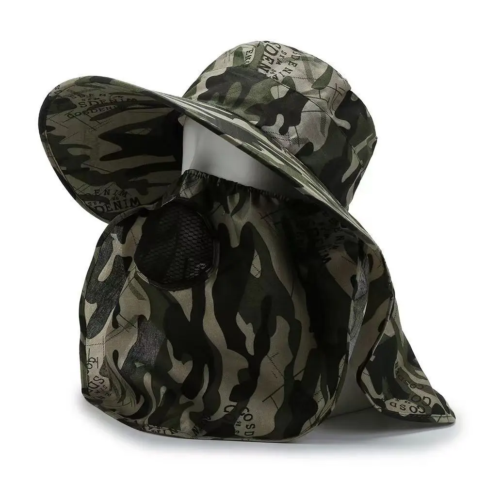 Camouflage Quick-drying Men Women Hat Outdoor Face Mask Wide Brim Bucket Hat Sun Protection Wide Brim Cap for Fishing Hunting