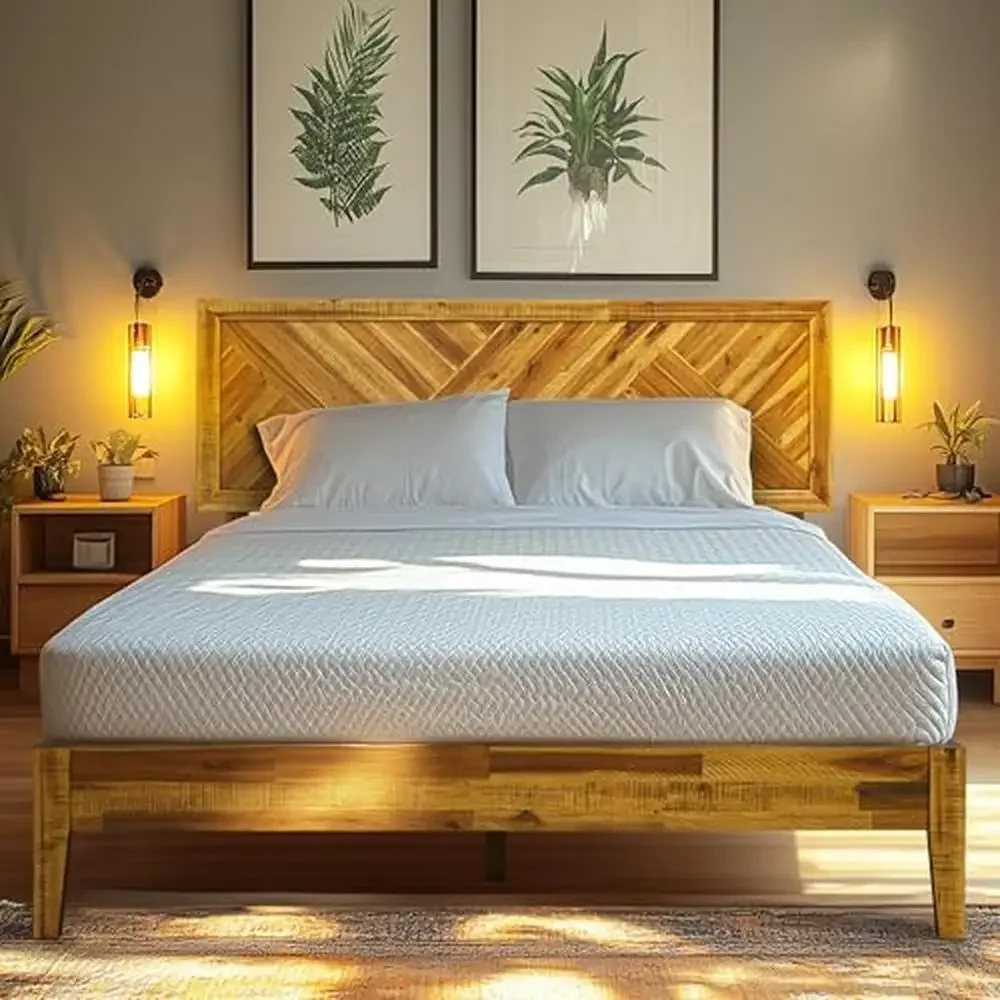 Solid Wood Handcrafted Geometric Platform Bed Frame with Adjustable Headboard Queen Size Premium Acacia Wood Farmhouse Style