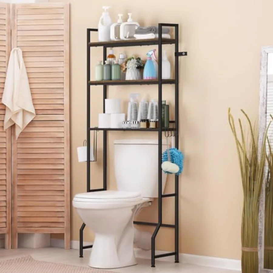 

Over The Toilet Storage Shelf, 3 Tier Bathroom Organizer Over The Toilet with Hooks and Toilet Paper Holder Freestanding Wooden