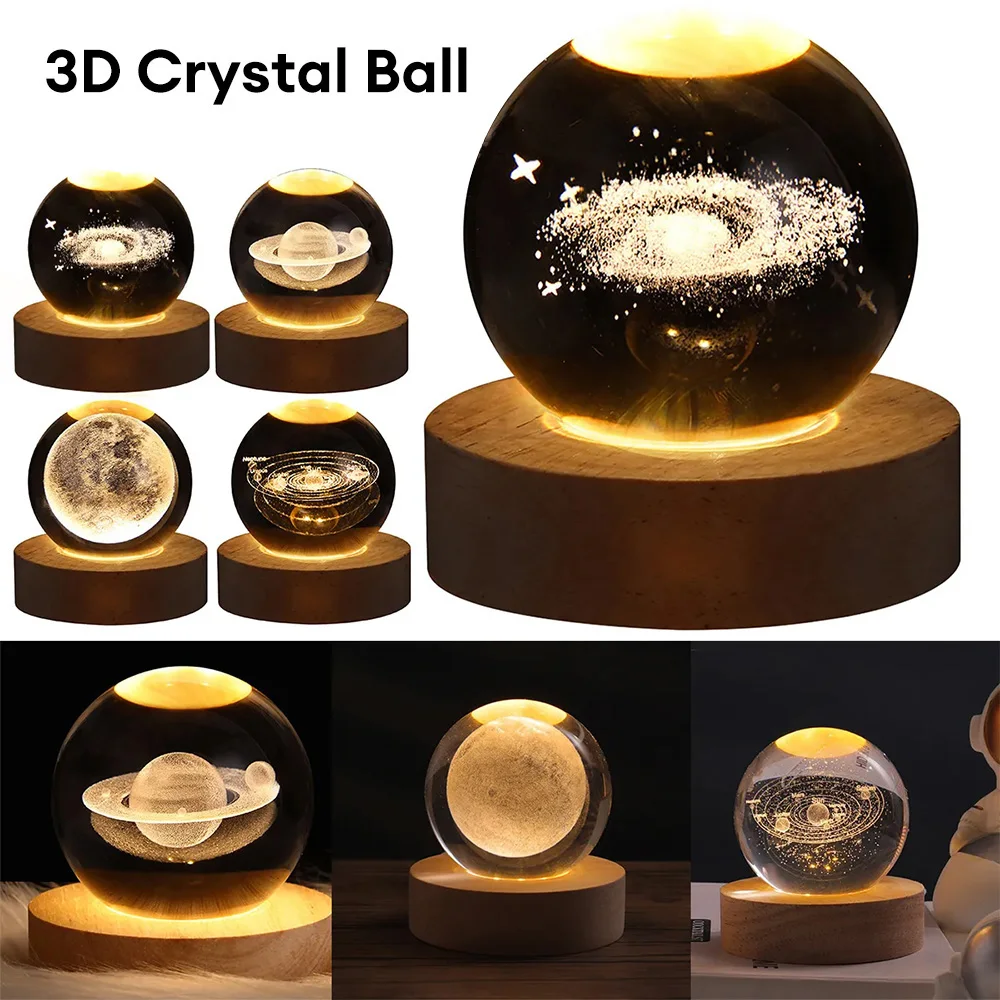 USB LED gece lambası parlayan 3D Galaxy kristal top lamba başucu işık yatak odası atmosfer lamba masaüstü süsler doğum günü hediyesi