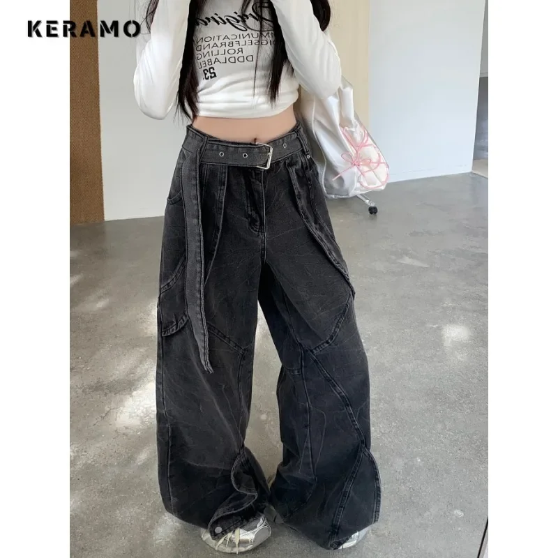 Grunge Street Jean Pockets Hip-hop Baggy Mop Belted Pants Women's American Retro High Waist Emo Casual Y2K Washed Denim Trouser