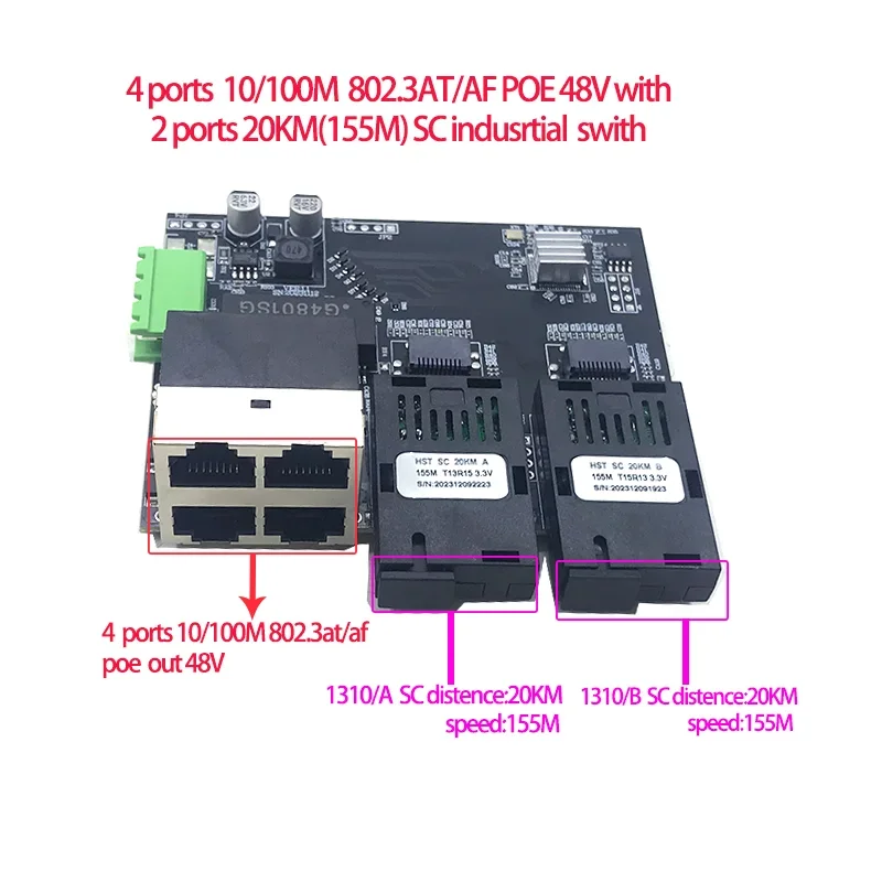 

2sc4port 10/100M 802.3at/af poe 48v 2 * sc волоконно-оптический модуль приемопередатчика