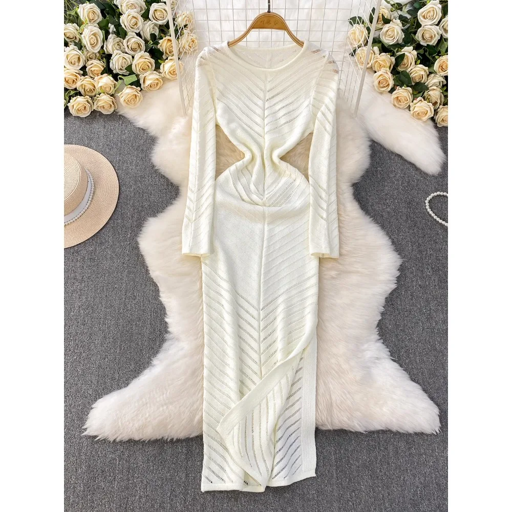 Chic vintage split hollow out dress Elegant Fairy korean fashion Boho Sundress Beach women clothing dress