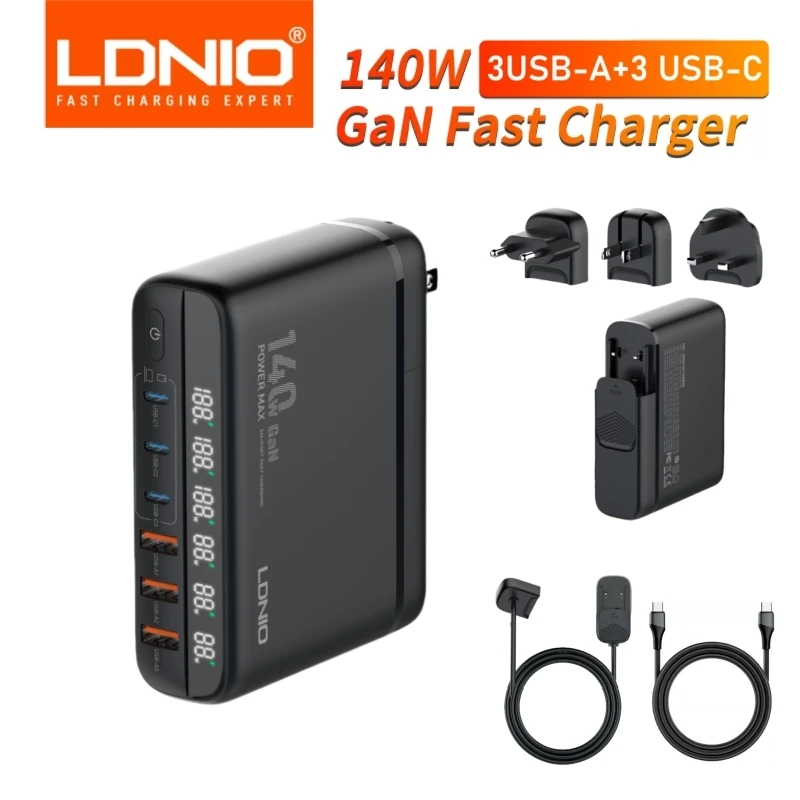 LDNIO GaN 140W Fast Charger 6 USB QC5.0 Type C For Iphone 12 13 14 15 Pro Max Samsung S23 Huawei Xiaomi Phone/Laptop/Pad Charger