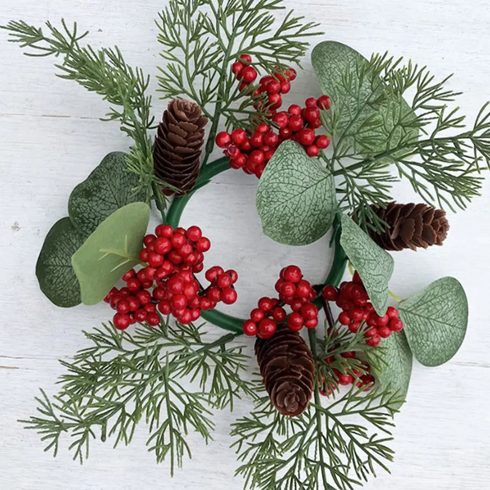 Festive Artificial Holly Wreath with Red Berries Pinecones Multifunctional Pillar Holder Table Centerpiece Wedding