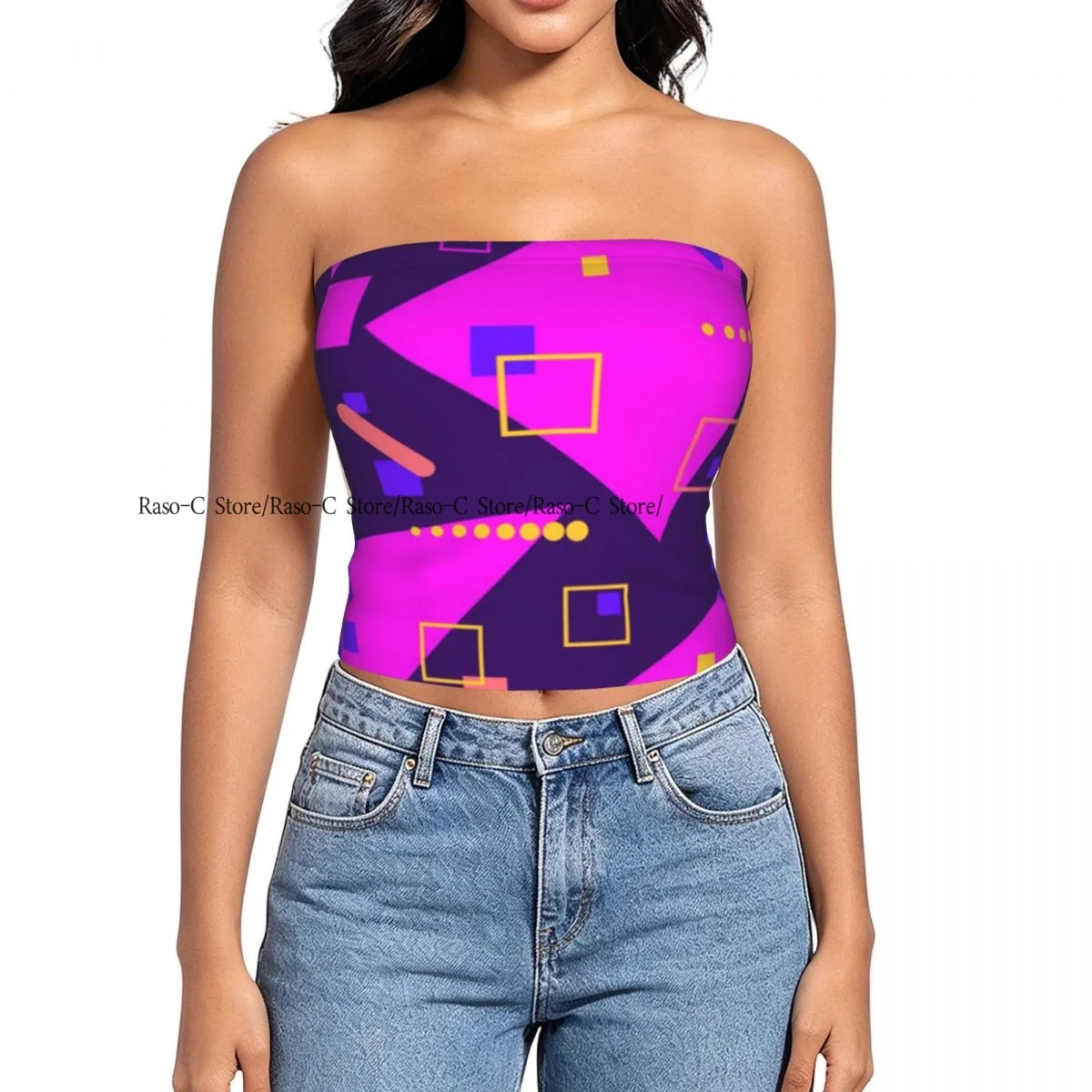 Women Block Crop Slim Tube Top Geometric 80s Memphis Colorful Design Strapless Top For Summer Female Clothing