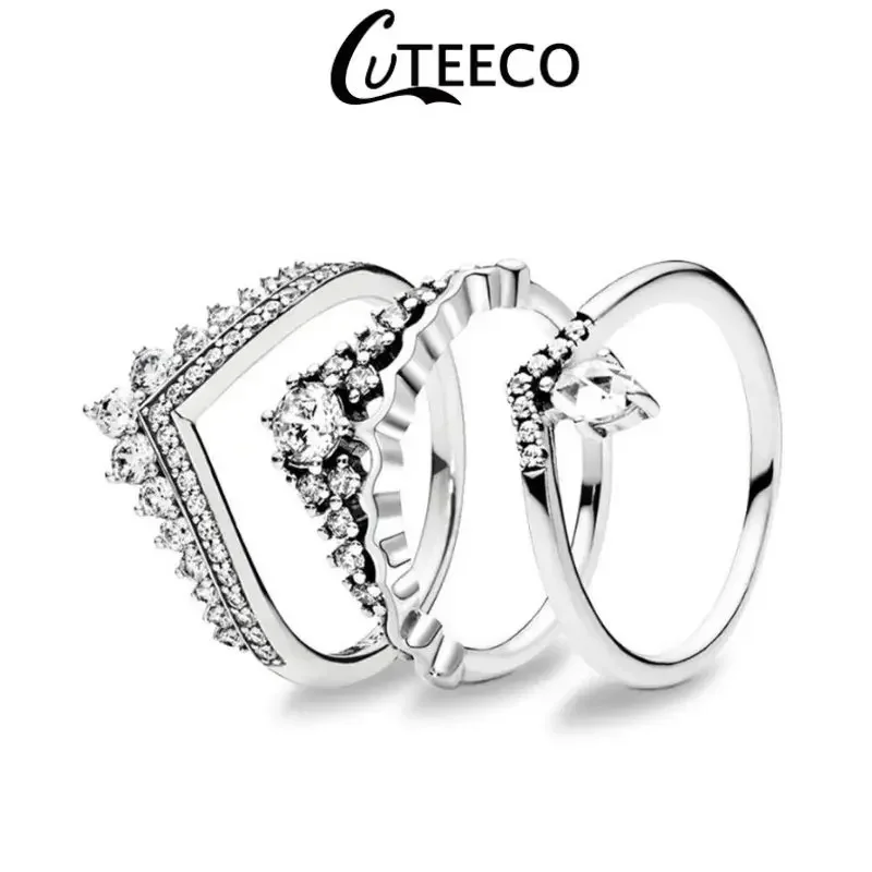 CUTEECO New Zircon Woman Ring Crown Princess Stack Ring for Women Luxurious Wedding Ring Engagement Jewelry Gift