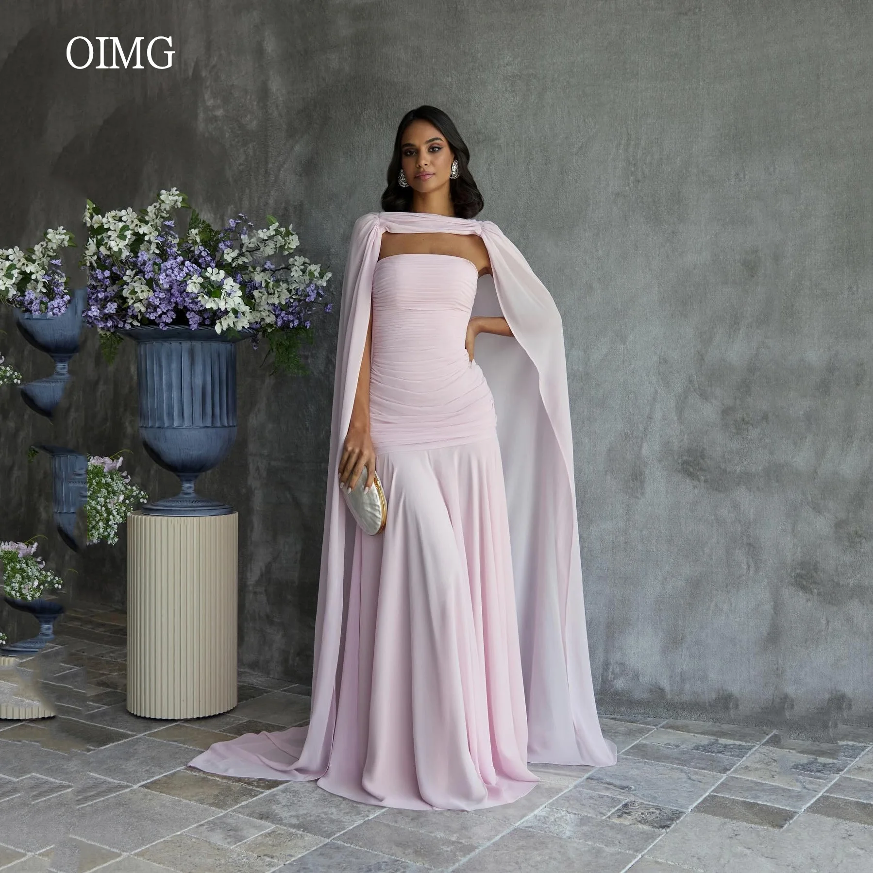 

OIMG Flowy Pink Prom Gowns Cap Sleeves Tiered Party Gown Chiffon Floor Length Evening Dress vestidos de verano Customized