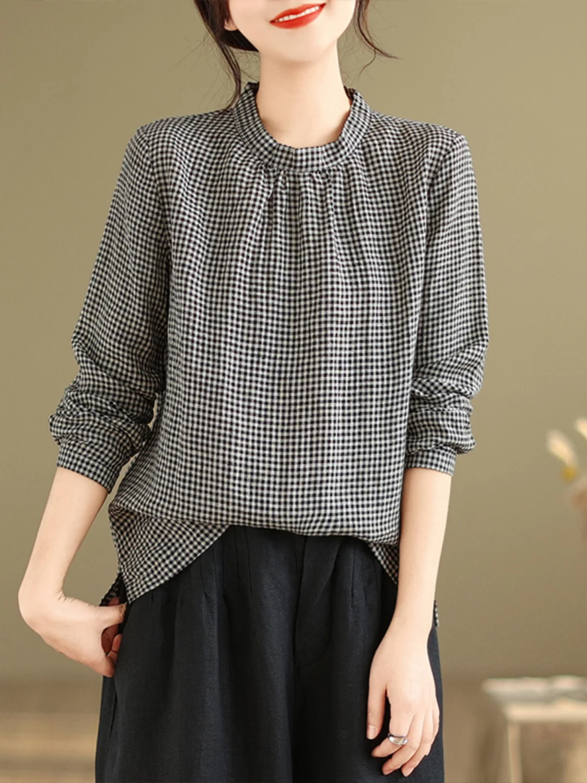 Retro Cotton Linen Plaid irt Women's Spring Autumn Loose Casual Stand Collar Long Sve T-irt Top Faion Commute Sle