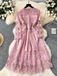 Runway 2025 Spring Embroidery Flower Lace Long Dresses Women's Summer Prom Robe Evening Party Midi Vestidos Female