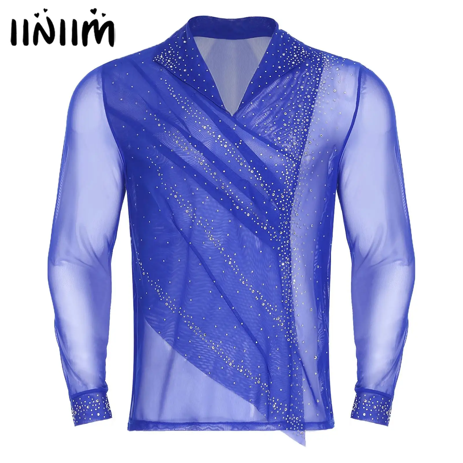 

Mens Gymnastics Figure Skating Ballet Performance Sheer Mesh Tops Glittery Rhinestones Front Ruched Overlay Lapel Pullover Shirt
