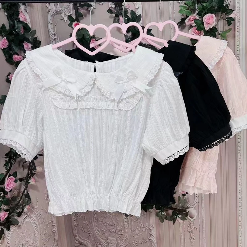 Japanese Gothic Lolita JK Shirts Women Vintage Bow Peter Pan Neck Bottoming Blouse Female Kawaii Puff Short Sleeve Blusas Mujer