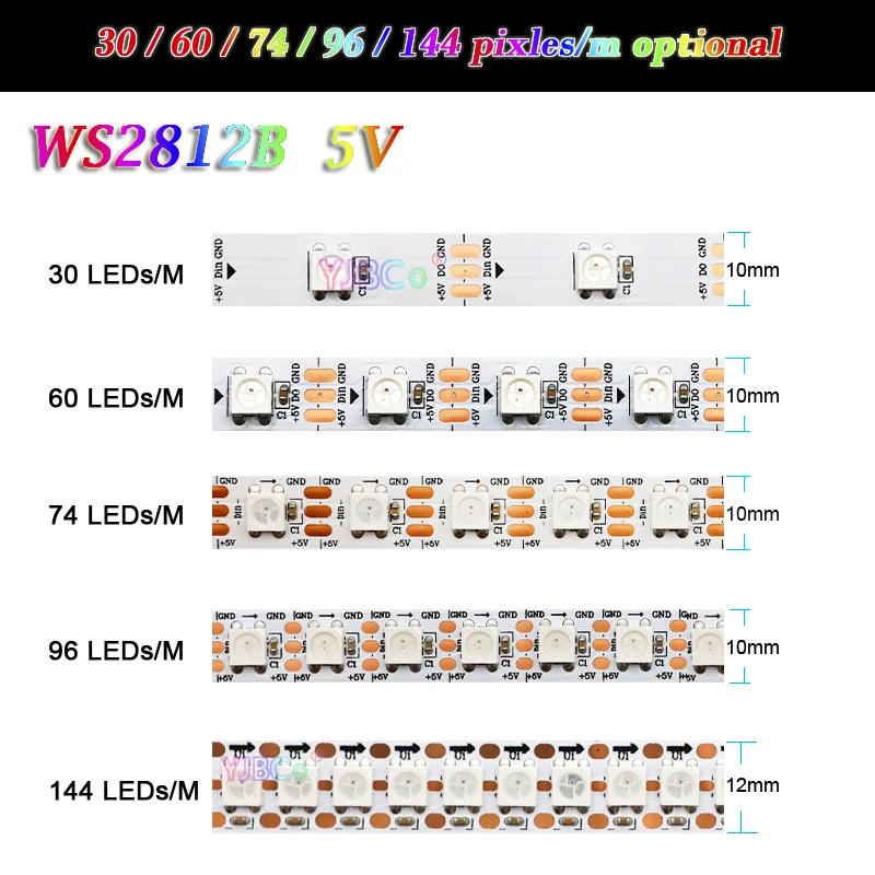 

WS2812B 5050 RGB Smart LED Strip 5V WS2812 addressable IC pixel Lights 30/60/144 leds/m Flexible Neon Tape IP30/65/67