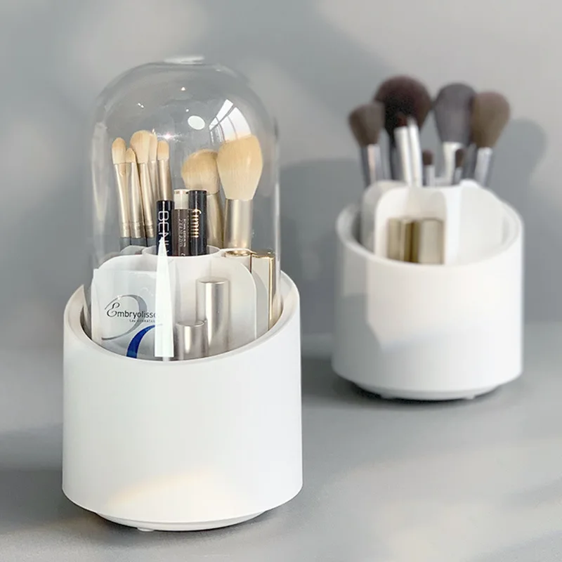 Organisateur rotatif de pinceaux de maquillage, sens Premium avec couvercle, boîte en acrylique transparente anti-poussière, étagère pour crayon à sourcils, seau en baril