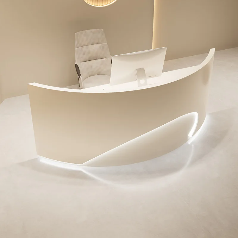 Curved Beauty Salon Reception Desk White MDF Front Counter With LED Backlit Custom Engraved Logo