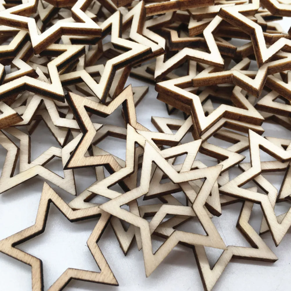 100Pcs Wooden Star Slices Blank Wood Pieces Smooth Surface DIY Craft Decorations for Valentine's Day Wedding Embellishments