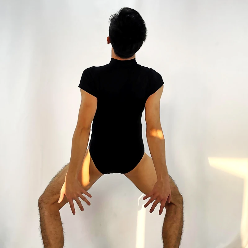 Ritskraag, balletoefenpak met korte mouwen, eendelig danspak voor volwassenen, nauwsluitend pak, huidskleur, V-hals