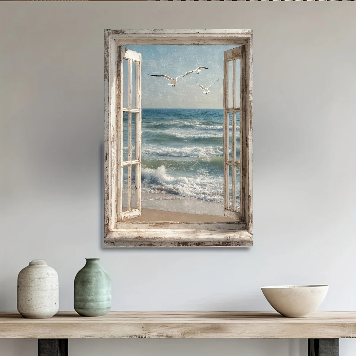 55X80CM 1pc Modern Framed Canvas Wall Art - Seagulls Flying Over Beach Window View Painting, Open Window Hook Design Suitabl
