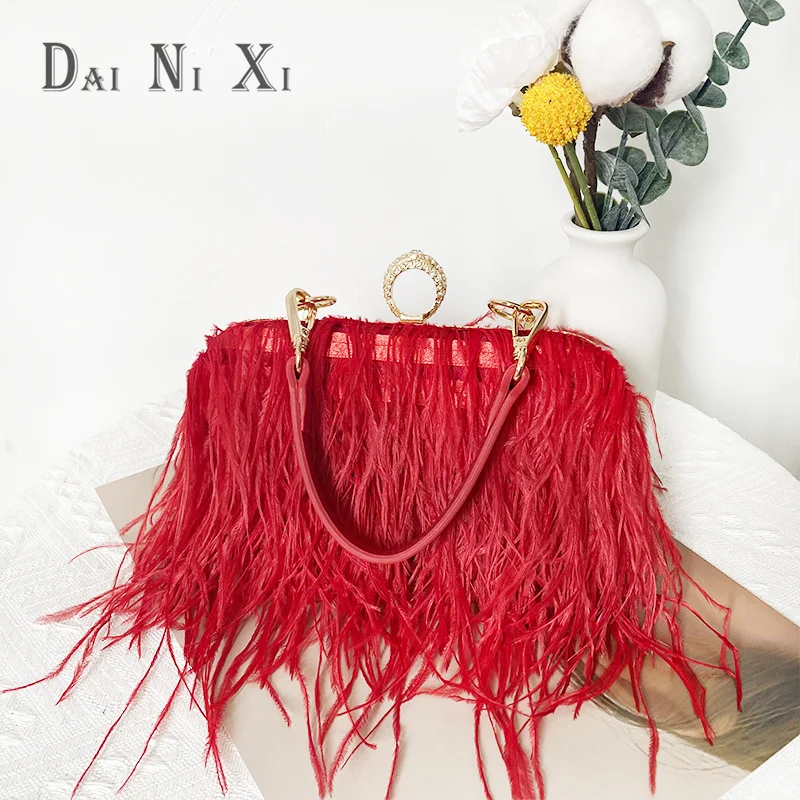 Fashion Ostrich Fuax Fur Feather Wallet Clutch Bag Ladies Diamond Knuckle Rings Dinner Party Wedding Purse Luxury Chic