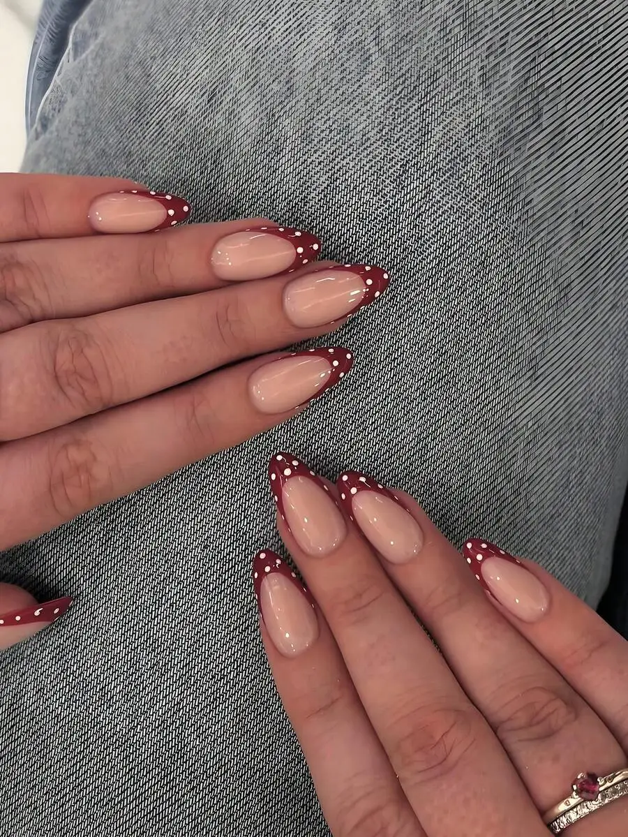 24pcs Medium Almond-Shaped Nail Stickers, Red French Polka Dot Design, Minimalist Style, Full Coverage, Suitable For Women And G