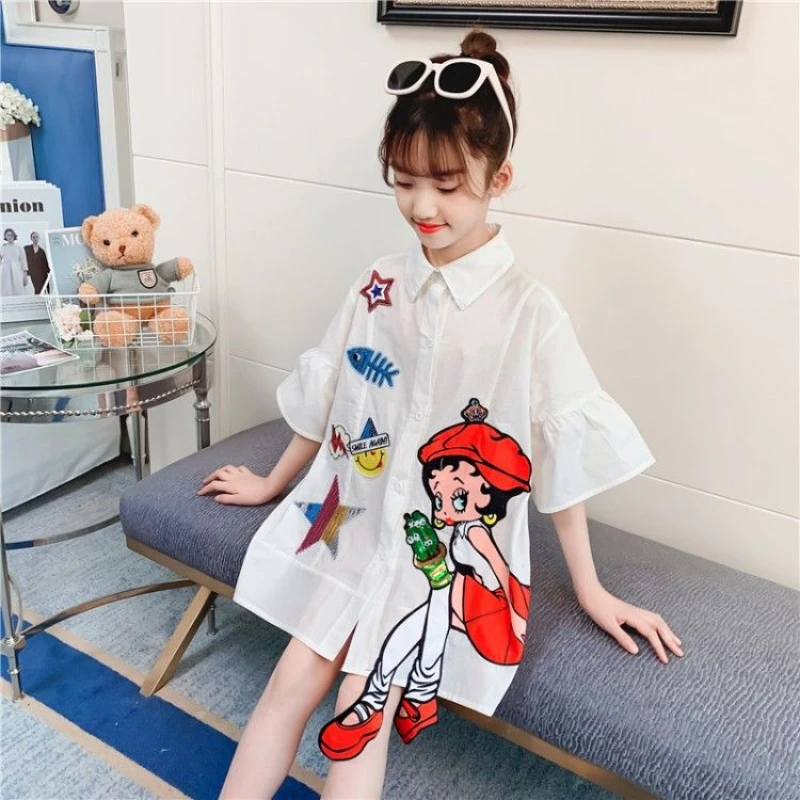 

Girls T-Shirt Dress Summer Cartoon Trumpet Sleeve Fashion Sequins Beauty Embroidery Long Tops Kids Clothes 4-14 Years Boutique