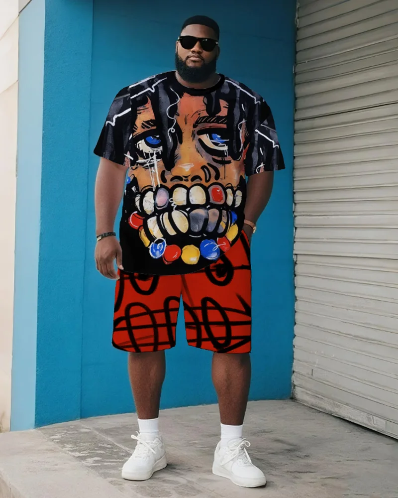 

Big & Tall S-9XL Men's Plus Size Hip-Hop Short-Sleeved T-Shirt Shorts Two-Piece Set