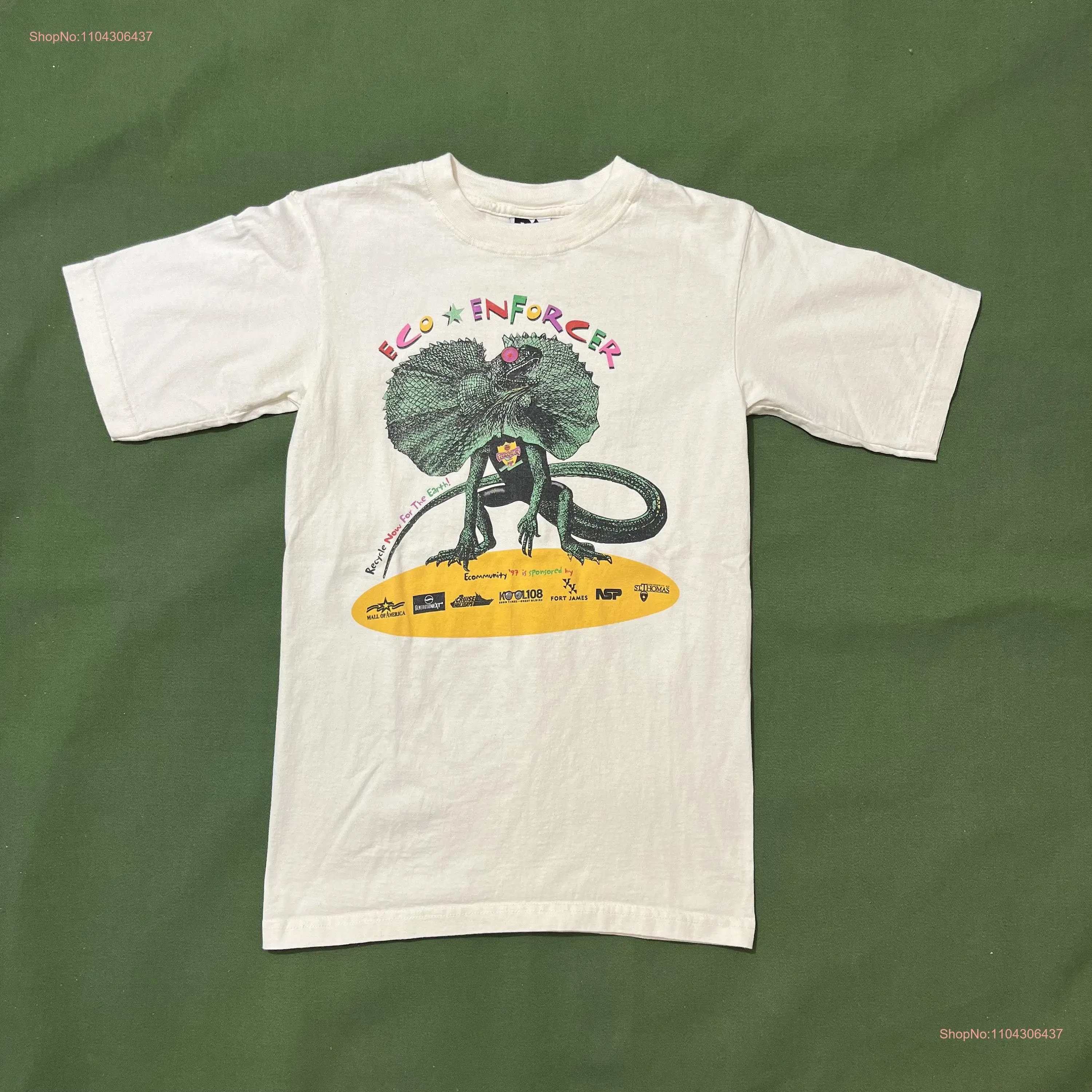 Vintage 90s Eco Enforcer Frilled Neck Lizard Nature Animal T Shirt White Small long or short sleeves