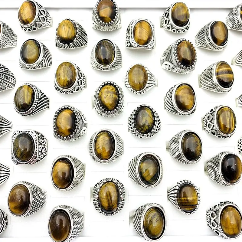 MixMax 20PCs Retro Natural brown Stone Inlay Rings For Men Women Antique Silver Plated Carved Pattern Fashion Jewelry