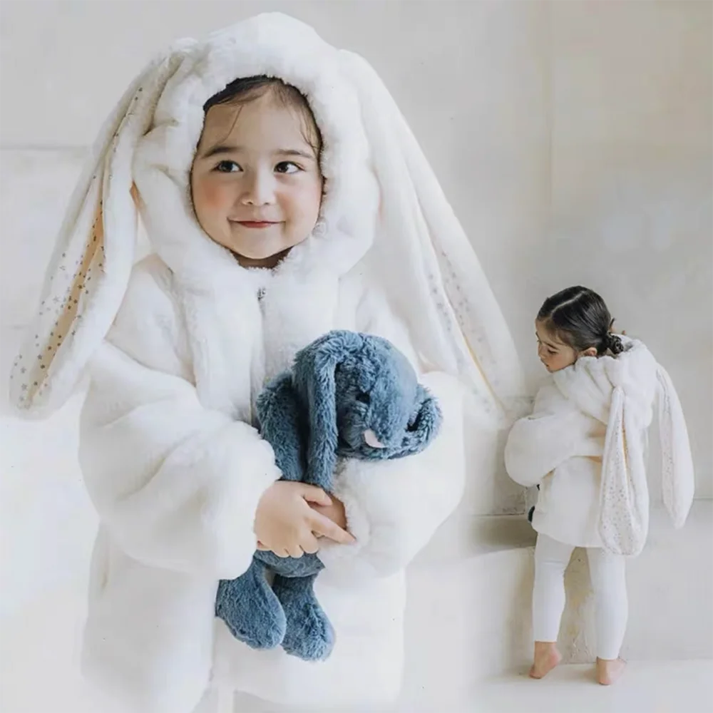 Winter Autumn Warm Fleece Baby Girl Jackets Toddler Baby Rabbit Hooded Coat Children Girl Outwear Clothing