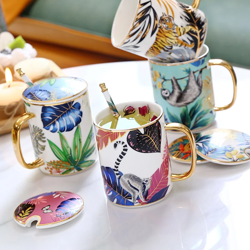 Luxury Ceramic Mug with Lid Spoon, Animal Pattern, Coffee Cup, Milk, Water Drinking, Tea Party, Home Drinkware Gift Box