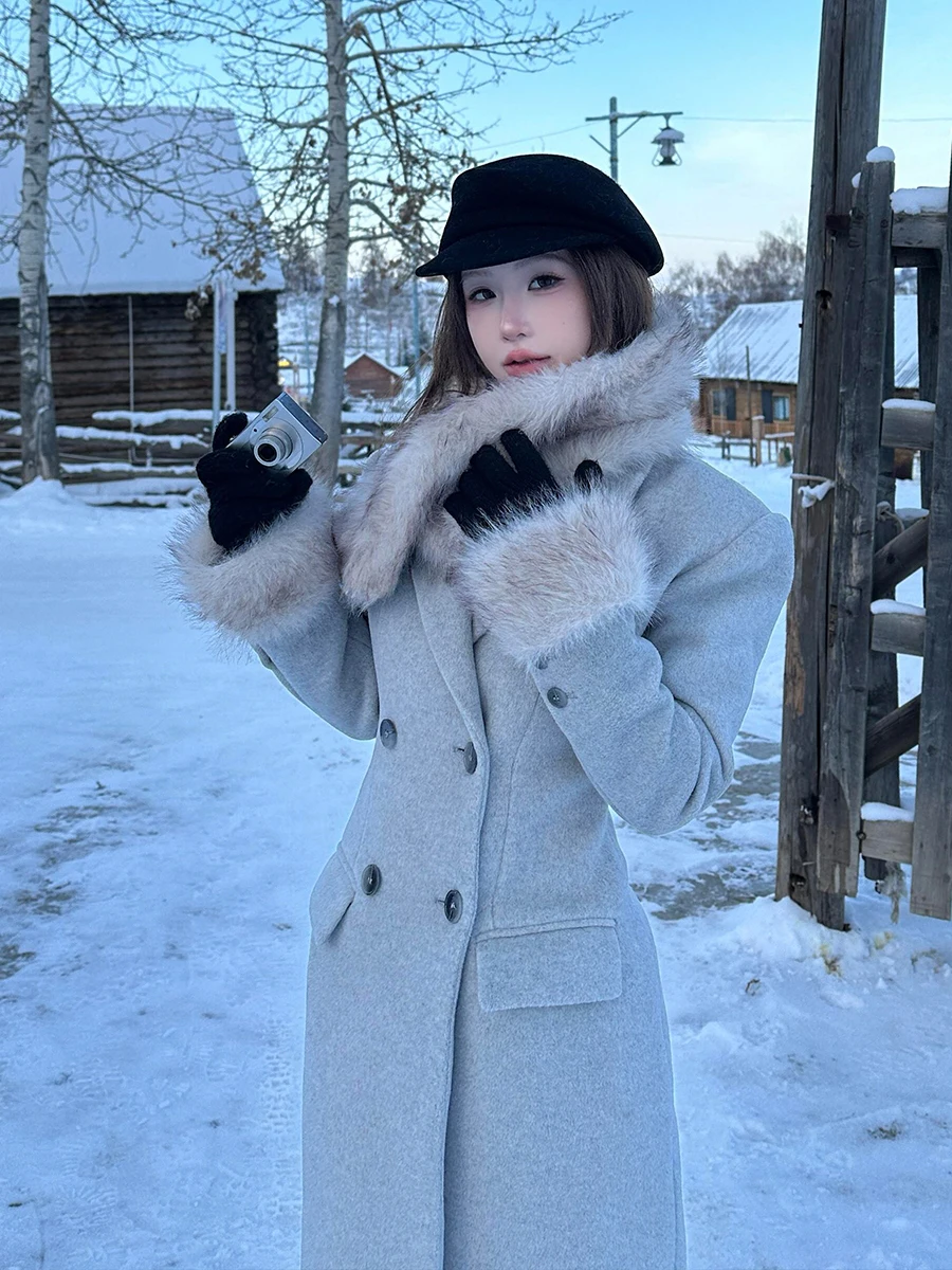 

Утепленное шерстяное пальто женское, модное зимнее, с поясом, на меховой подкладке, прямого кроя, с пуговицами