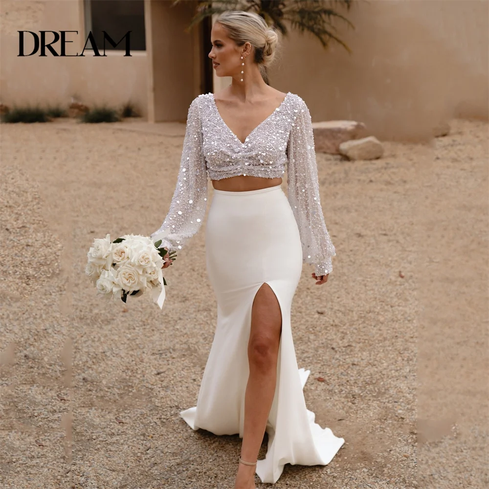 DREAM Two-Pieces Mermaid Wedding Dress Long Sleeve V-Neck Sequins Open Back Split Pleat Bridal Gown Vestidos De Novia Customized