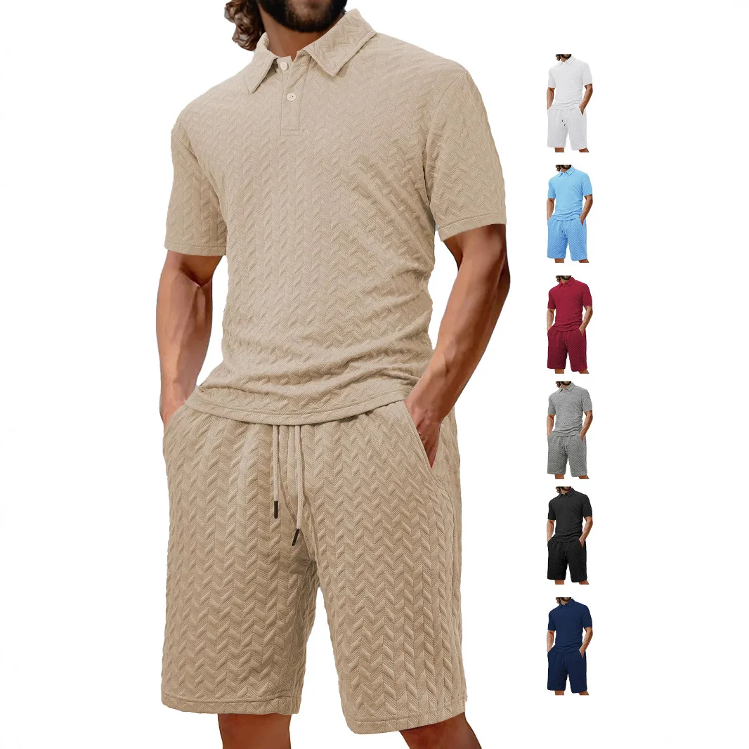 Men's Summer New Arrival Casual Loose Fit Lapel Collar Jacquard Fabric Short Sleeve Polo Shirt 2-Piece Set