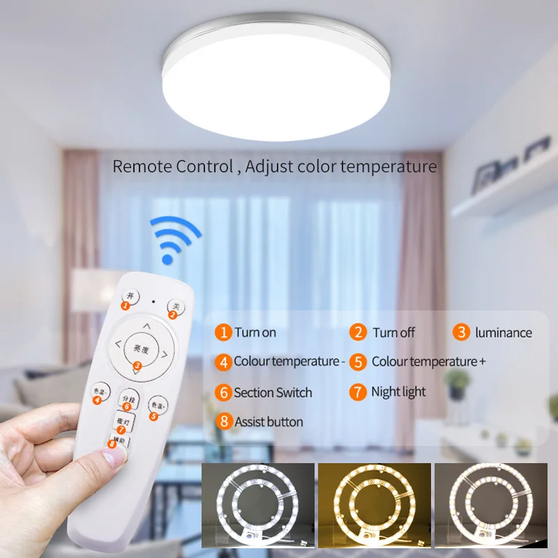 Panneau lumineux de remplacement pour plafonnier avec télécommande, intensité variable, anneau LED, 18W, 24W, 48W, 72W, 100W