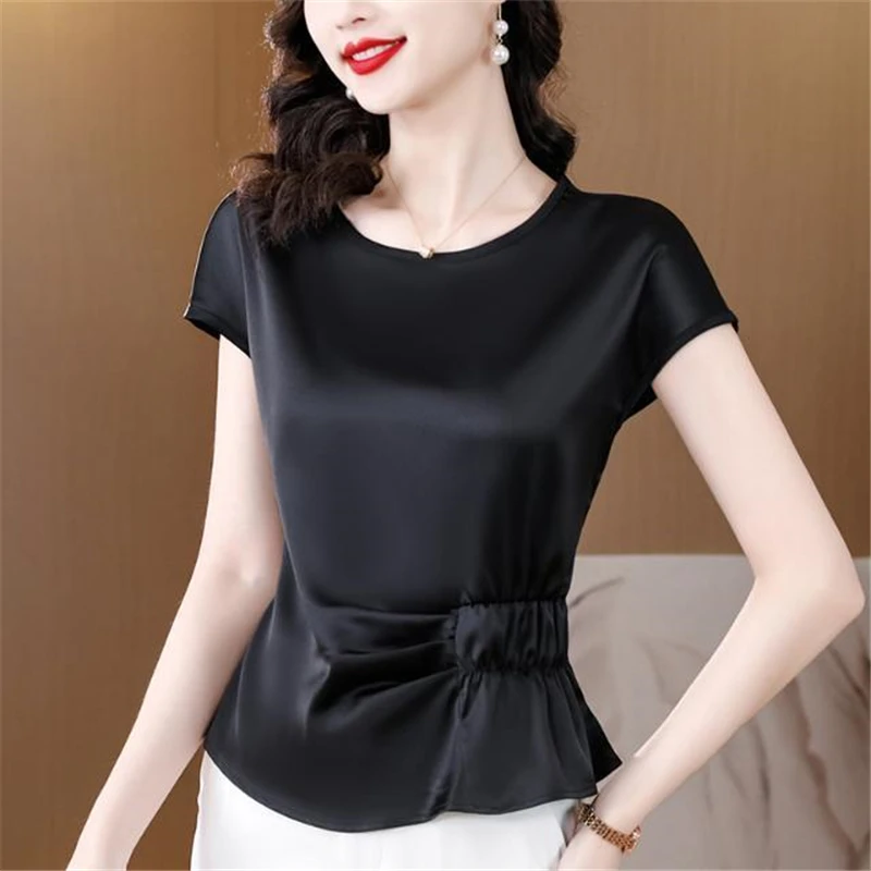 2023 Summer Women High Quality Satin Ruffled Elegant T Shirt Fashion Office Ladies O Neck Solid Short Sleeve Tops Ropa De Mujer