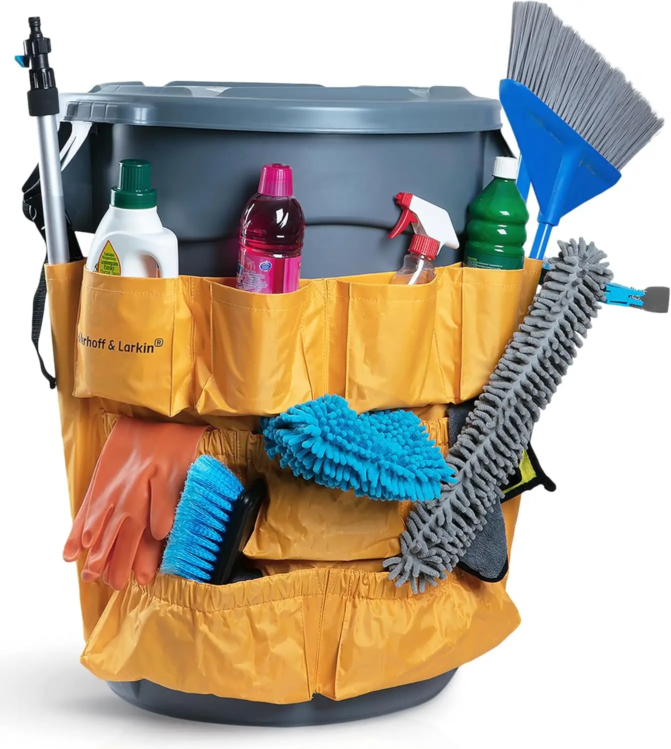 

Heavy Duty Trash Can Caddy Bag with 12 Pockets, Fits 32-55 Gallon Bins for Easy Cleaning Organization