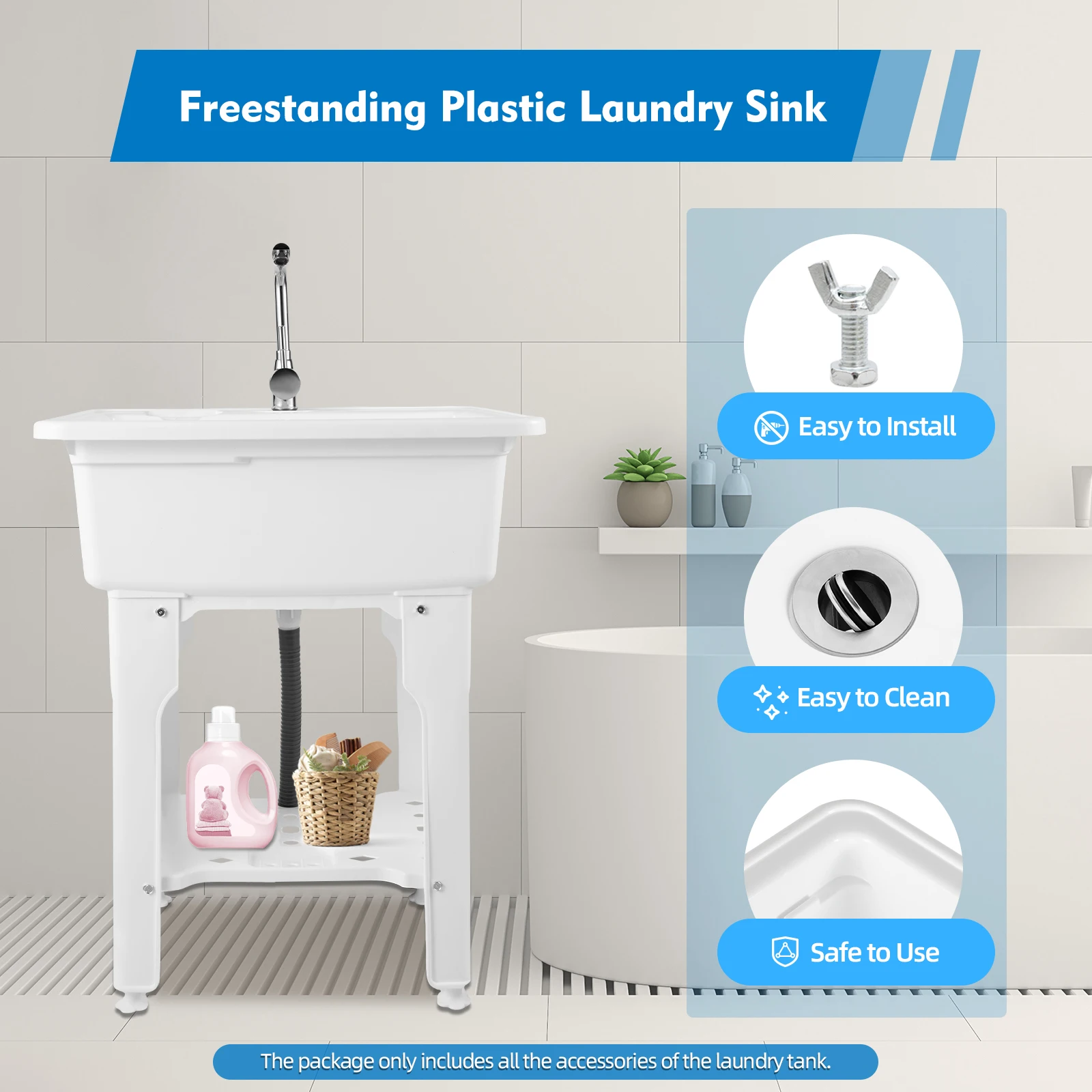 

70KG Load Freestanding Rectangular Plastic Utility Sink White With Washboard Hot Cold Tap Drainage Hoses Set Modern Laundry Basin For Garden Garage Basement