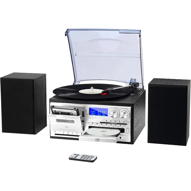 10 in 1 Record Player with External Speakers, 3 SpeedTurntable with AM/FM Radio, CD & Cassette Player, Bluetooth, USB/SD