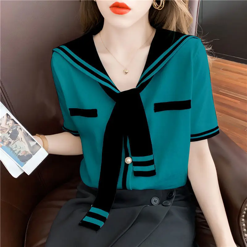 Fashion V-Neck Spliced Tie Button Loose Blouse Oversized Lace Up Commute Pullovers 2022 Summer New Casual Female Clothing Shirt